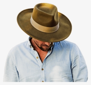 Man Wearing A Brown Hat And White Shirt With His Head - Hat