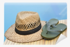 Summer Hat And Flip Flops At Poolside Wall Mural • - Sandal