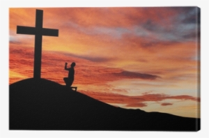 Silhouette Of A Man Praying Under The Cross Canvas - Human