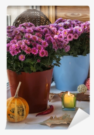 Pumpkin And Chrysanthemum Next To A Lit Candle Before - Candle