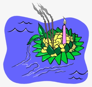 Drawing Of A Krathong Carrying Flowers, A Lit Candle, - Water