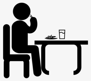 Man Sitting In Front Of A Table Eating And Drinking - Fake People