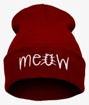 A Wine Red Beanie Which Shows The Word 'meow' - Meow Beanie