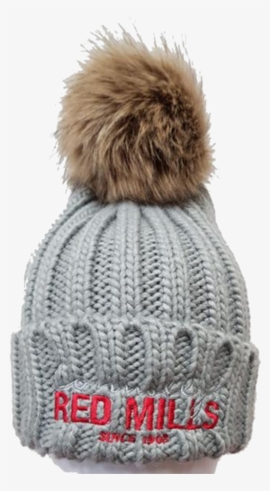 Red Mills Fur Pom Chunky Knit Bobble Hat In Grey - Hat
