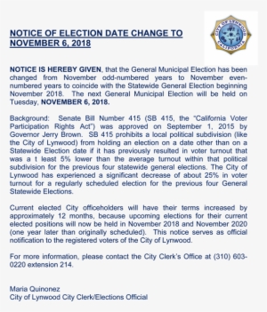 Notice Of Election Date Change - City Of Lynwood