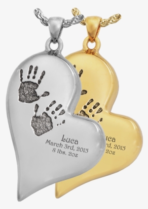 Teardrop Heart Engraved With 2 Handprints Jewelry - Baby Handprints With Name + Age On Heart