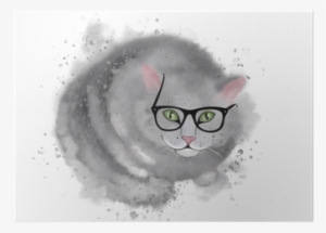 Grey Cute Cat In Glasses Sitting And Smiling At You - Watercolor Painting