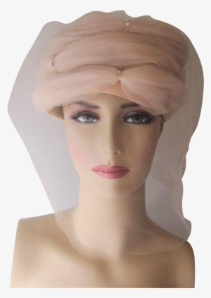 Tulle Veil Hat Turban Vintage 1960s Ivory Wedding Rhinestones - Headpiece