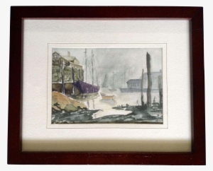 Small Watercolor Painting Harbor At Low Tied Nautical - Picture Frame