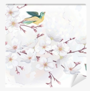 Vector Illustration Blooming Cherry Tree In Watercolor - Watercolor Bird Adobe Illustrator