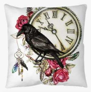 Watercolor Illustration With Crow, Red Roses, Clock, - Gothic Crow And Key Tattoo