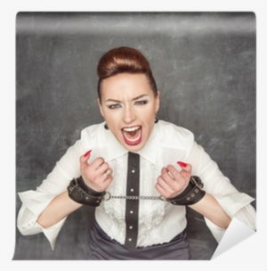 Screaming Business Woman With Handcuffs On Her Hands - Sitting