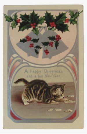 1909 Helena Maguire Christmas Cat Playing Dominoes - Christmas Bells And Holly