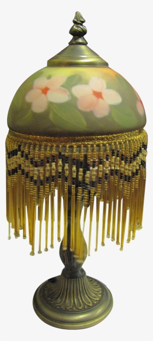 Vintage Lamp Png Photo - Antique Shade Glass Reverse Painted Fringed Lamp