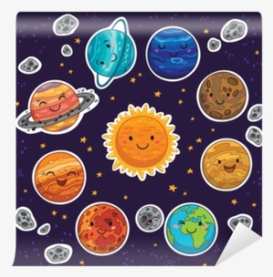 Sticker Set Of Solar System With Cartoon Planets Wall - Dibujo Animado Sistema Solar