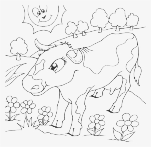 Cow In Field Of Flowers - Colouring