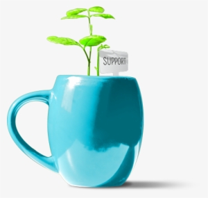 Plant In Coffee Cup With A Tag That Reads "support" - Coffee Cup