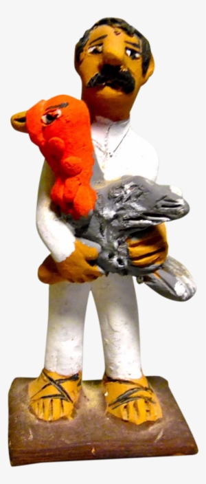 Vintage Mexican Folk Art Pottery Man Holding A Turkey - Figurine