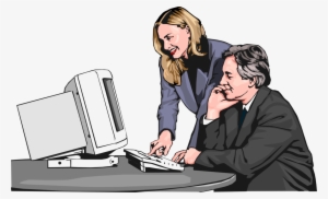 Vector Illustration Of Businessman And Woman At Computer - Clip Art