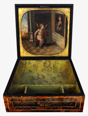 Caja De Carey Con Escena Amorosa Y Cartel En Latín - Antique