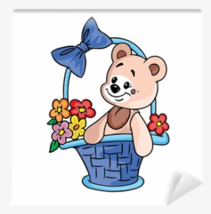 Teddy Bear With Flowers In Gift Basket Wall Mural • - Gift Basket