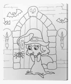 Coloring Halloween Little Witch In Creepy House Canvas - Häxa Halloween Bilder Att Färglägga
