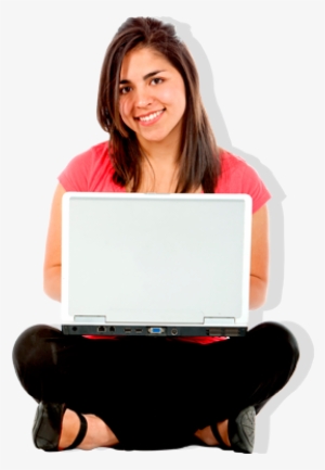 Mujer Joven Sentada Con Portatil De Color Blanco En - Estudiantes Y Laptops Png