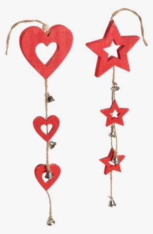 Wooden Stars / Heart String With Bell Decoration, 2-fold - Heart