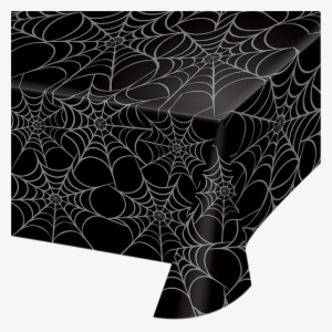 Black Plastic Halloween Table Cloth With Silver Spider - Metallic Spiderweb Plastic Tablecover