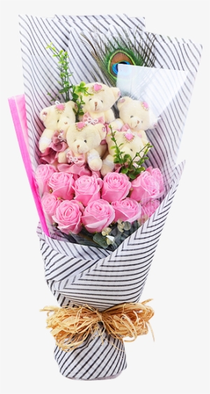 Plush Toy & Soap Bouquets - Pink Roses Bouquet With Stuffed Toy
