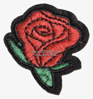 Little Red Rose With Green Leaves Embroidery Patch - Embroidery