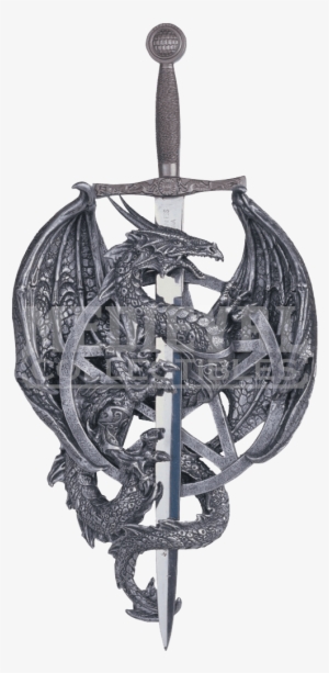 Silver Dragon With Sword Wall Plaque - Dragon Collection With Sword Collectible Fantasy Decoration