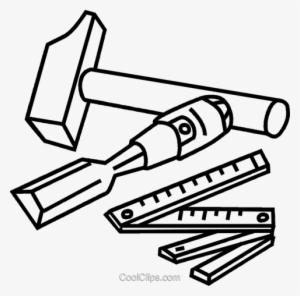 Chisel Hammer And Ruler - Carpentry Tools Clipart Black And White