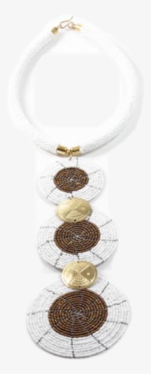 White & Gold 5 Disc Long Beaded African Necklace - Necklace