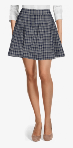 Blue Short Flared Checked Wool Skirt-view Front - Grey Pencil Skirt Short