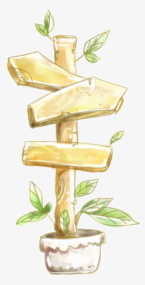 Hand Painted Transparent Of A Plant With Wooden Boards - 路牌 卡通