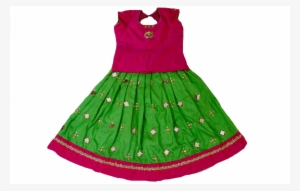 Green And Pink Color Kid Lnga With Mirror Work - Green