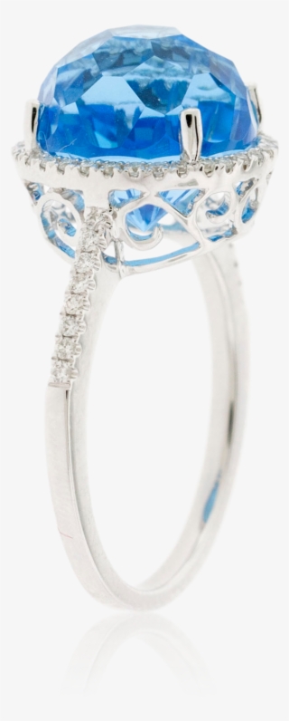 Fancy Round Cut Blue Topaz Ring With Diamond Halo Sideview - Park City Jewelers