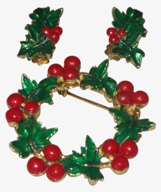 Vintage Holly Berry Wreath Brooch And Clip Earrings - Brooch
