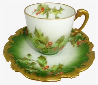Antique Limoges France Cup Saucer Christmas Holly Berries - Teacup