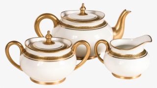 Limoges Tea Set, White & Gold, Greek Key Pattern, France - Teapot