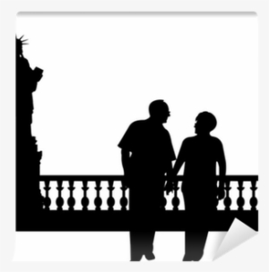 Lovely Retired Elderly Couple Walking In New York Silhouette - Statue Of Liberty Vector