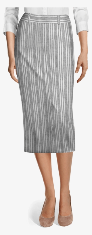 Grey Midi Striped Linen Pencil Skirt With Back Vent - Grey Pencil Skirt Short
