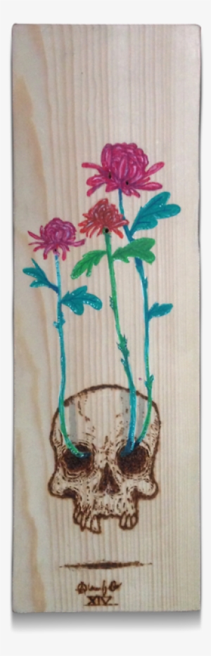 Chrysanthemum Skull Woodburn & Watercolor On Wood Https - Vase