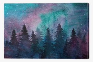 Watercolor Spruce Forest On The Starry Sky Background - Watercolor Northern Lights Background
