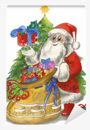 Santa Claus With Sac And Decorated Tree, Watercolor - Christmas Tree
