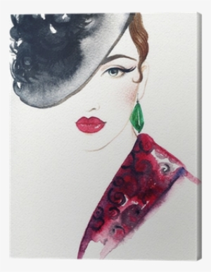 Woman Portrait With Hat - Watercolor Background Fashion