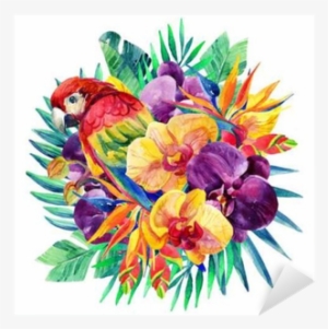 Watercolor Exotic Flowers And Ara Parrot Sticker • - Watercolor Jungle Flower