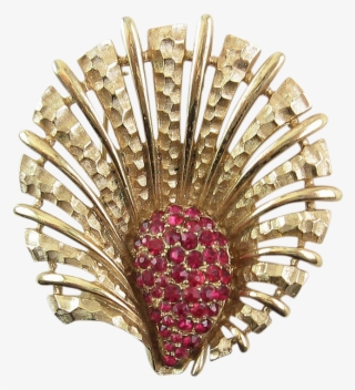 1960's Boucher Fantasy Flower Pin With Ruby Red Rhinestones - Body Jewelry