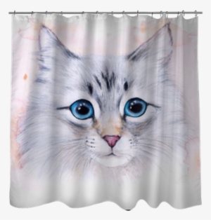 Watercolor Illustration Of A White Cat Shower Curtain - Drawing